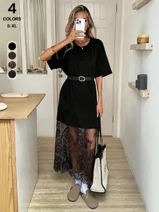 Sexy Lazy Style Patchwork T-Shirt Dress, Loose Short Sleeve Midi Top with Sheer Lace Skirt Set, Sensual and Versatile Design