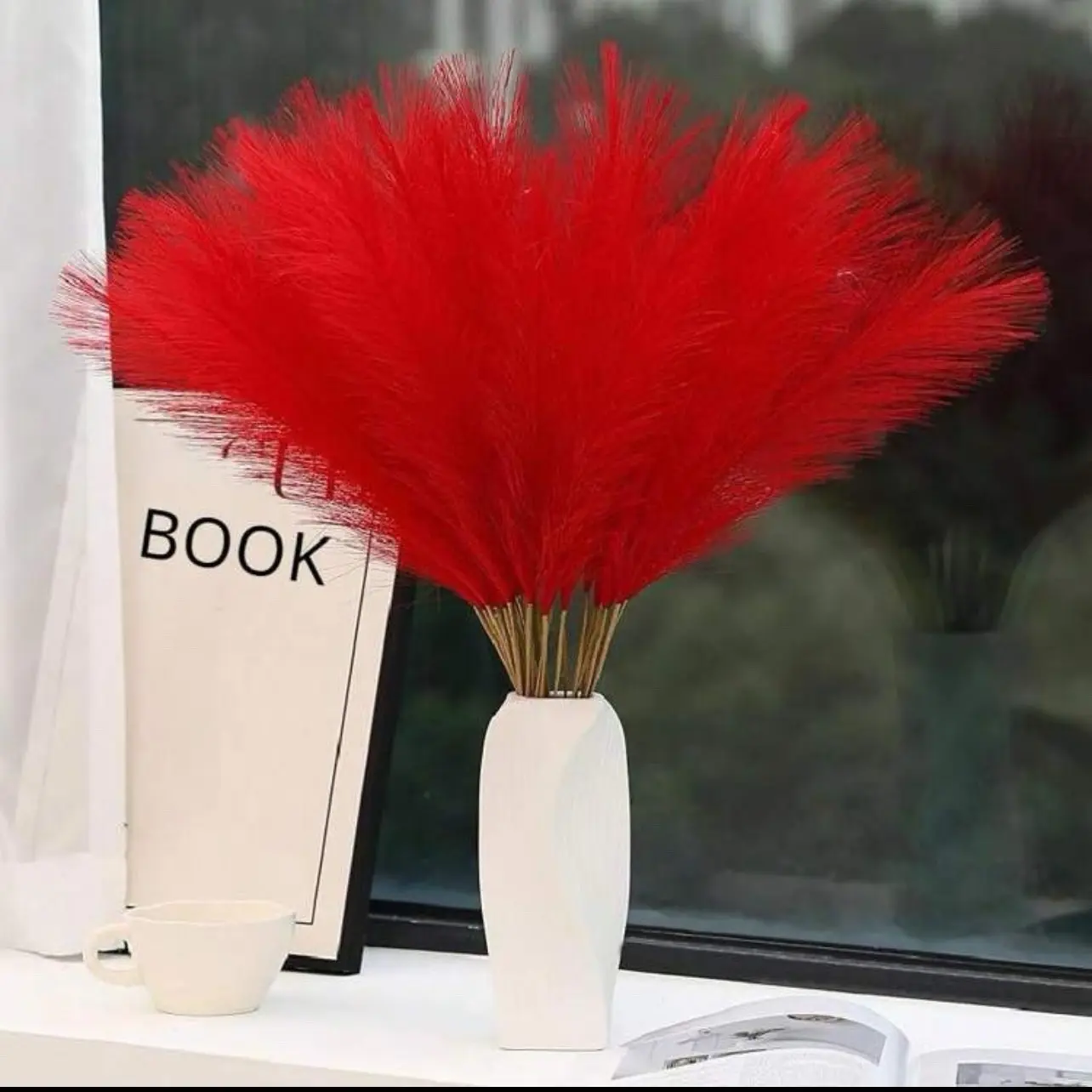10pcs Red Pampas Grass Decoration, Artificial Short Pampas Grass Ornament, Faux Pampas Grass Flower For Vase Filling, Wedding Flower Arrangement, Party & Home Decor