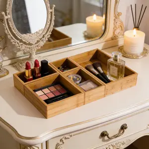 SICANDAENHK Maximize storage with this versatile bamboo drawer organizer!Adjustable dividers let you customize compartments, 7-grid trays keep small items sorted, stackable for space-saving use in kitchen, bathroom, office and vanity