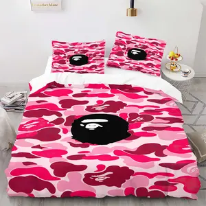 Cartoon Pink Camouflage Duvet Cover Set, 1 Duvet Cover and 1-2 Pillowcases, Soft and Comfortable, ABC Pink Camo & Cartoon Ape Head Partoon, Soft Comfortable Modern Bedroom Decor, Trendy Gift for Fashion Lovers, Breathable Duvet Set