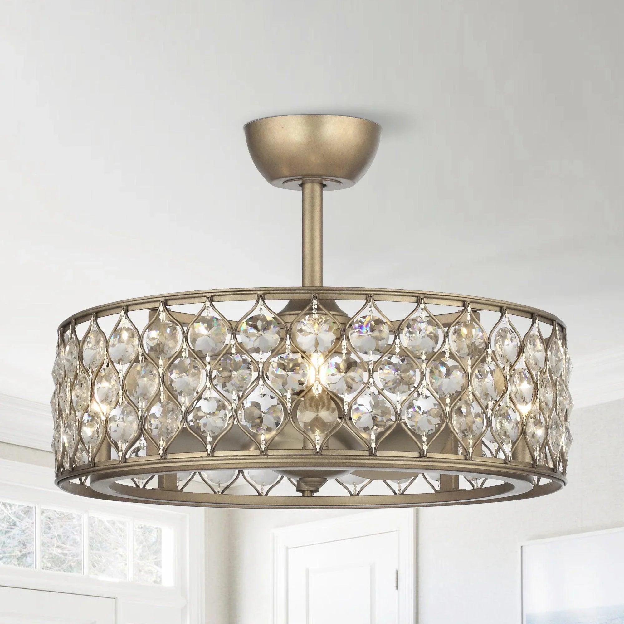 25" Modern Crystal Fandelier, Downrod Mount Ceiling Fan with LED Light & Remote Control