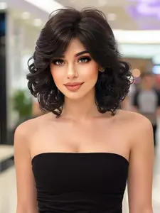 12 Inch Curly Wig with Bangs, Natural Look, Heat Resistant, Comfortable Fit, Easy to Style, Perfect for Various Hairstyles, Synthetic Curly Wigs, Curly Bob Wigs