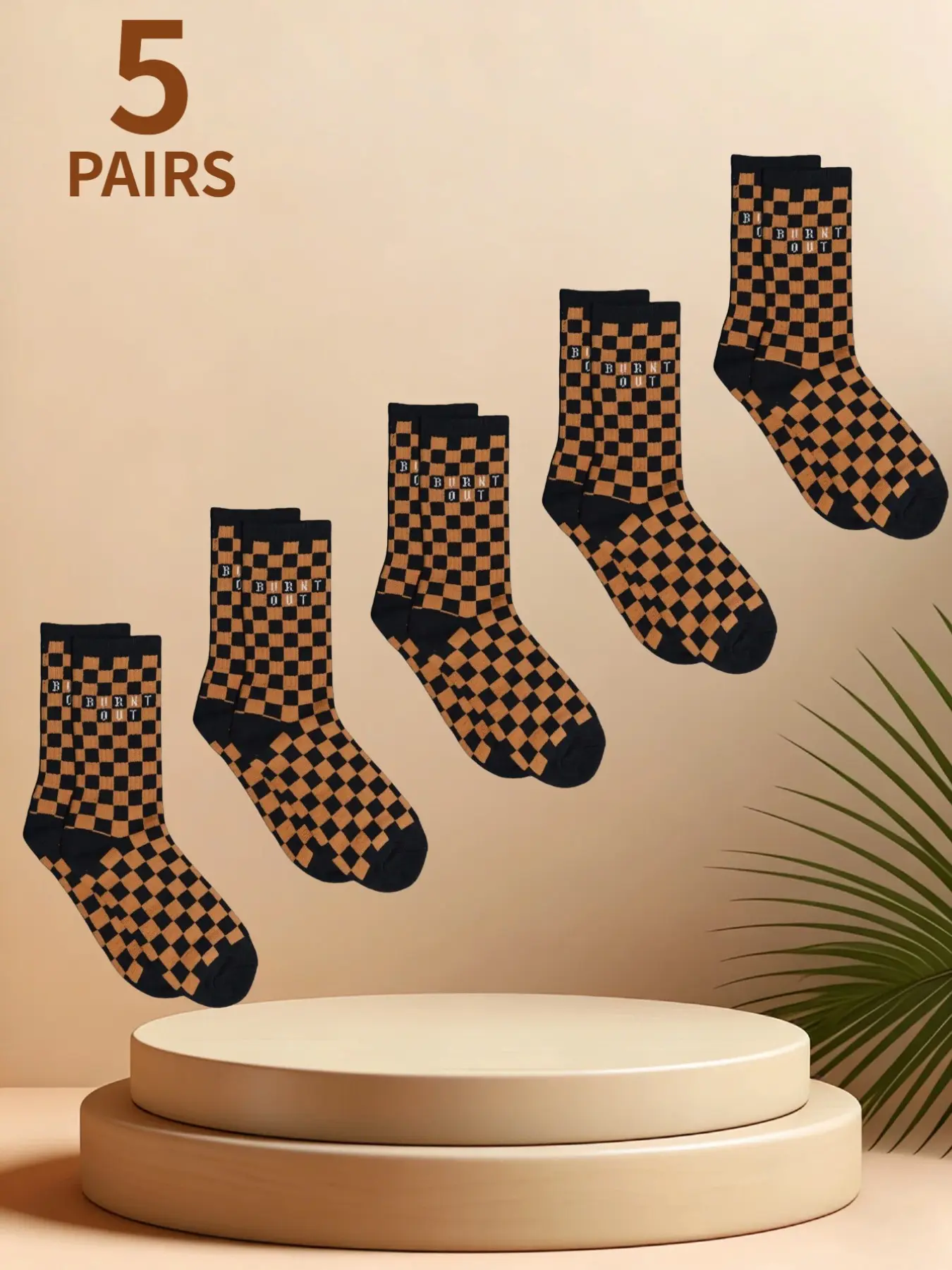 5 pairs of men's checkerboard square pattern socks, men's mid-calf socks, fashionable and personalized for wearing, suitable for all seasons