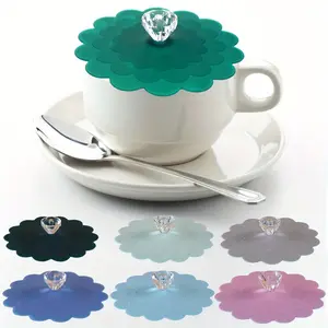 6pcs Sealed Leak-Proof Silicone Glass Cup Lid, Cute Flower Shape, Coffee Dust Proof, Drink Cover, with PVC Transparent Diamond