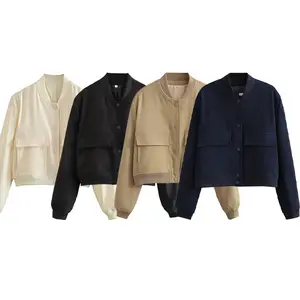 Women Fashion Bomber Jackets Coat With Pockets V-Neck Single Breasted Long Sleeves Female Chic Lady Outfits