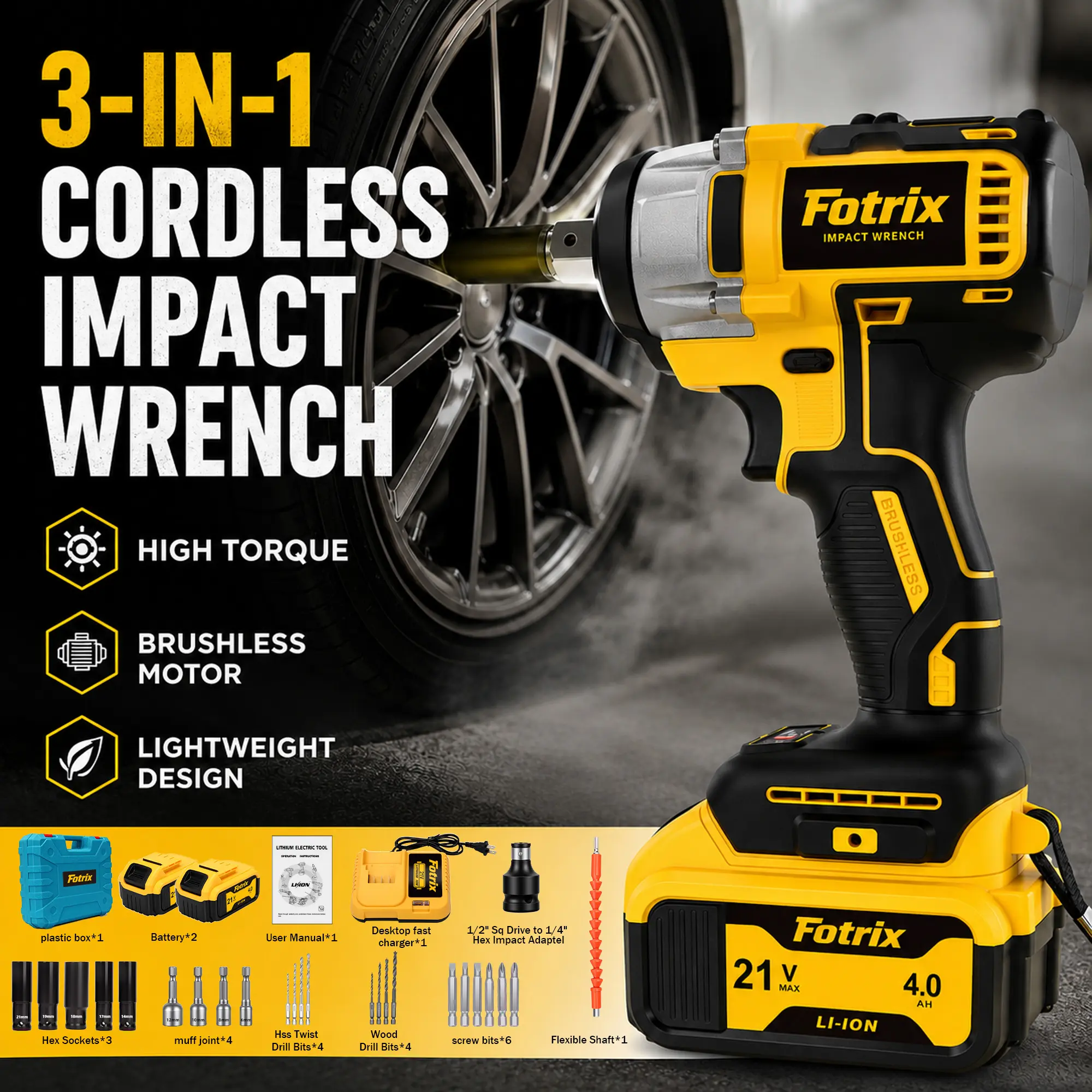 1/2-in Cordless Brushless Impact Wrench 3-in-1 Set, 21V 4.0Ah Lithium Battery, Stand-Mounted Fast Charger, Voltage Settings, Drill Bits, LED Lighting, ABS Drop-Resistant Housing, Cordless Drill Driver, Car Tools for Car Tire Bearings, Home DIY