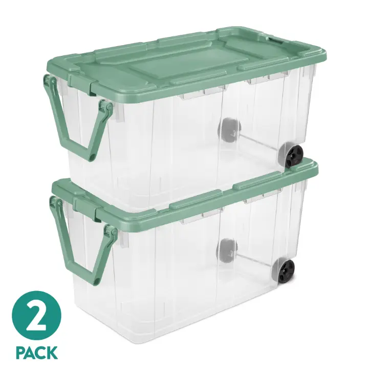 Sterilite 160-Qt Rugged Clear Green Storage Bin, 2-Pack Home Organizer Storage Box