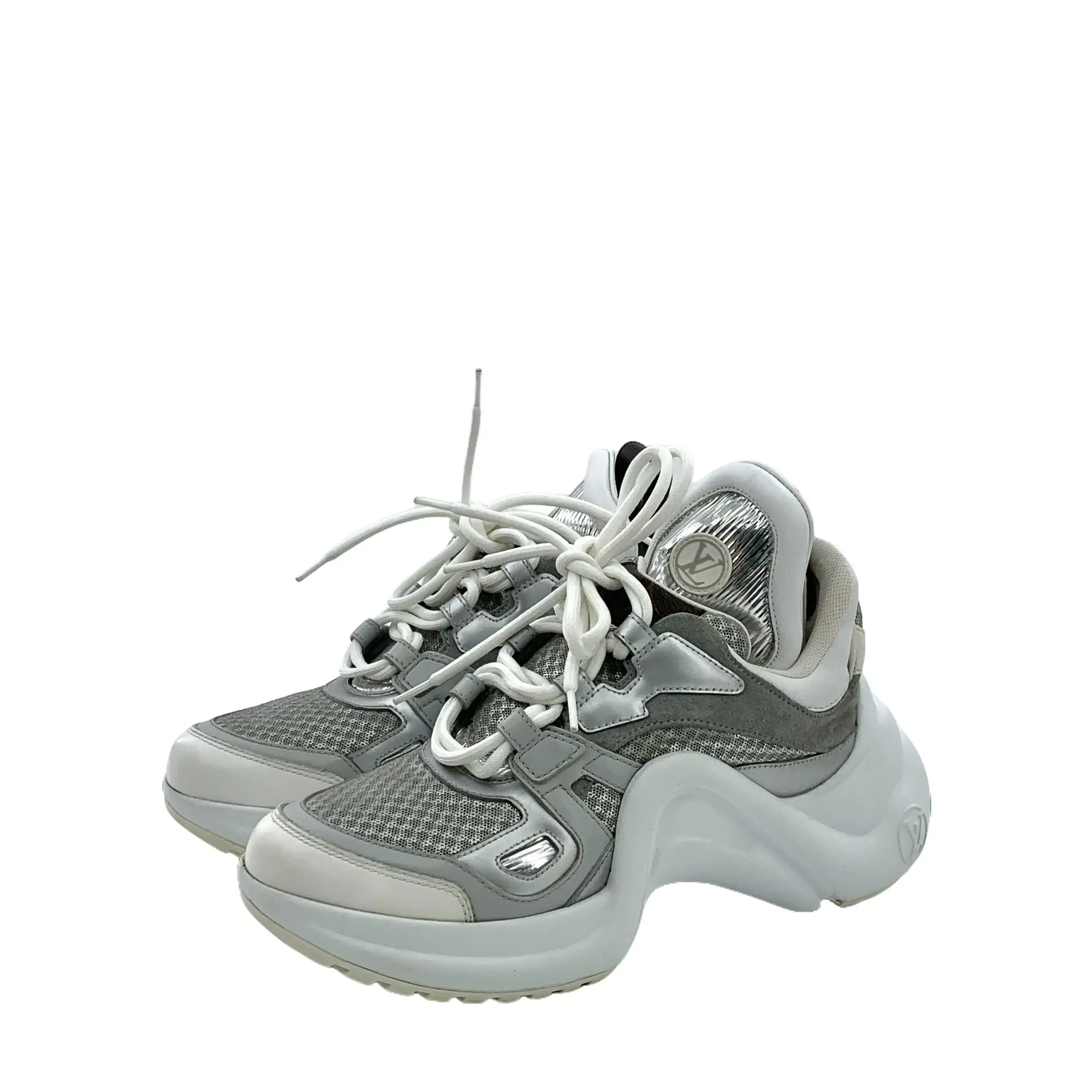 CALUXS- Louis Vuitton Silver White Mesh Leather Panel Sneakers Size US 6