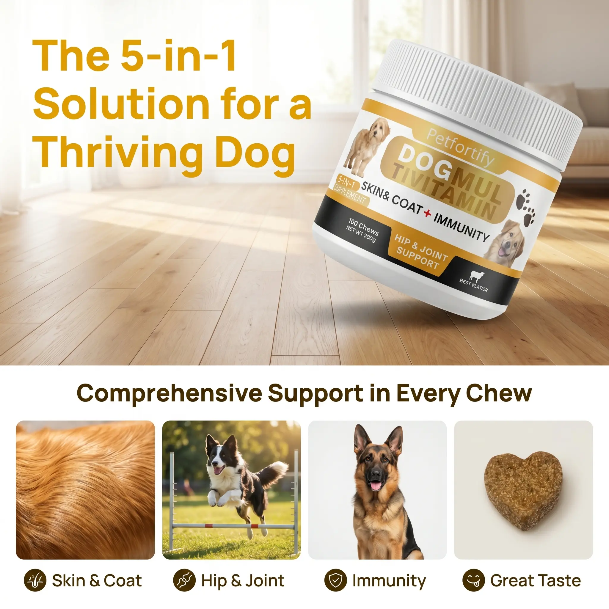 Vet Recommended Petfortify 5 in 1 Canine Multivitamin Soft Chews, Irresistible Beef Flavor 100 Heart Shape Nutritional Treats, Multi Benefits for Hip Joint Care, Skin Coat Health & Immune Support, Easy Absorption Daily Supplement for Indoor & Outdoor