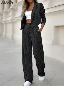 Women's Striped Trendy Blazer Pants Suit Set, Elegant Long Sleeve Jacket & High Waist Pants, Business Casual Office Siren Teacher Outfit for Women