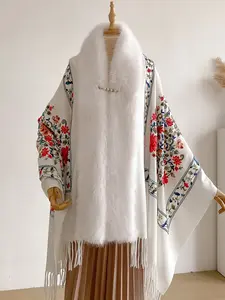 Vintage Embroidered Floral Shawl for Women, Autumn Winter Warm Versatile Outerwear, Elegant Fitted Design, Ethnic Pattern, Embroidery Shawl