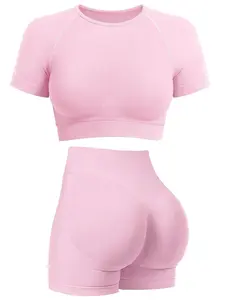 Women's Solid Crop Top & High Waist Shorts Tracksuit Set, Sporty Casual Breathable Comfortable Two-piece Outfits for Yoga Gym Workout Running, Ladies Sportswear for All Seasons, Casual Workout Loungewear