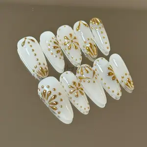 HelenNails - Milky White Goddess 3D Chrome Gold Press On Nails | Elegant Boho Handmade Bridal Nails | Ideal Wedding Gift - HL102