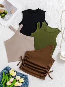 4 colors available, 4-piece set of basic style for girls + stylish vest combination, single shoulder strap / side drawstring / hollowed-out ribbed fabric, versatile children's clothing for outer wear in spring and summer and layering in autumn and winter