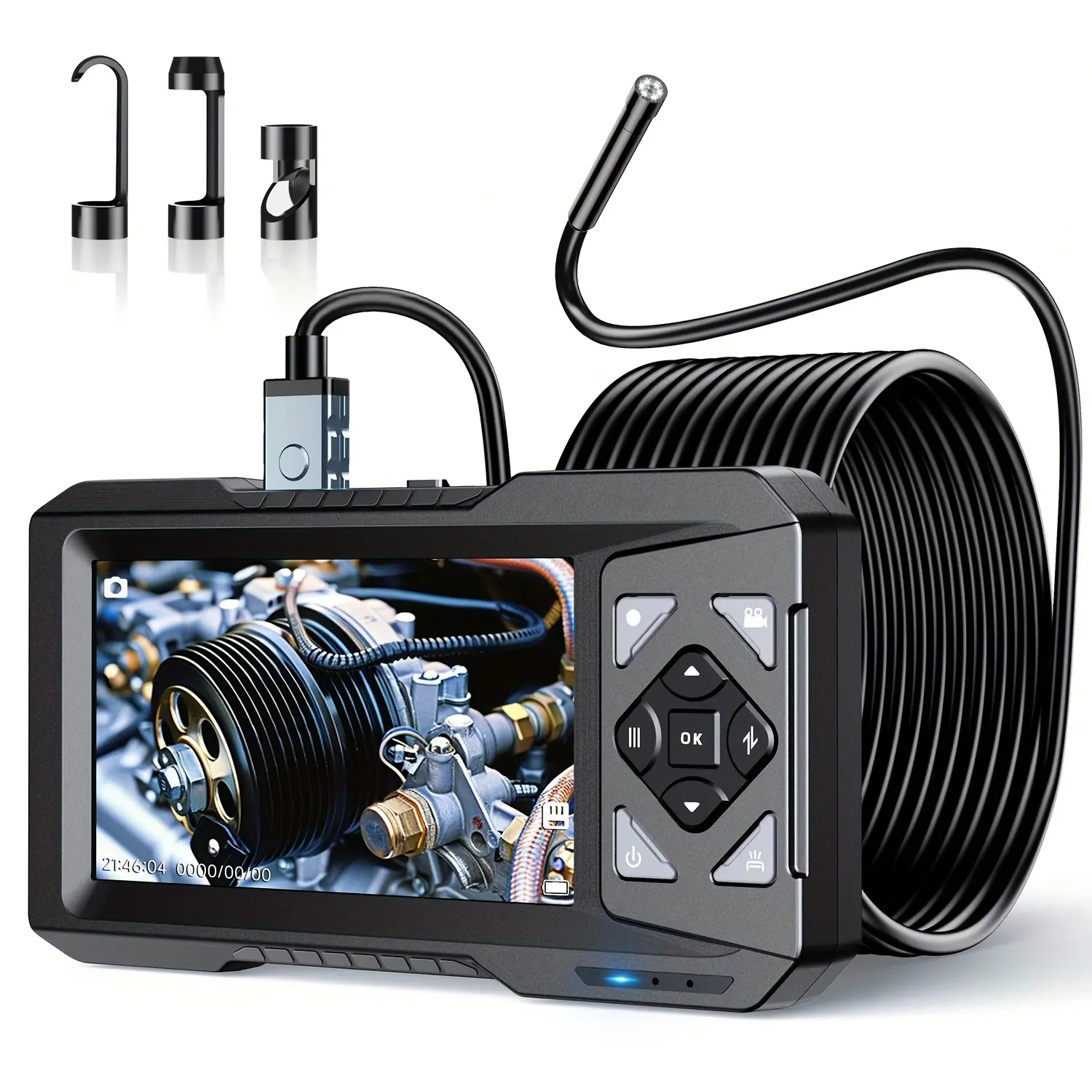 Aikokk 1080P HD Endoscope Camera, 4.3-inch IPS Screen Car/HVAC Inspection Tool - 5.5mm IP67 Waterproof Ultra-Thin 0.21-inch Probe, 6 Adjustable LED Lights, 16.4ft Semi-Rigid USB Cable, Plug-N-Play Video Capture Device