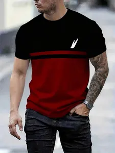 Trendy color-block men's short-sleeve T-shirt, red and black contrast round-neck, simple and stylish design, suitable for various occasions, comfortable and breathable summer top