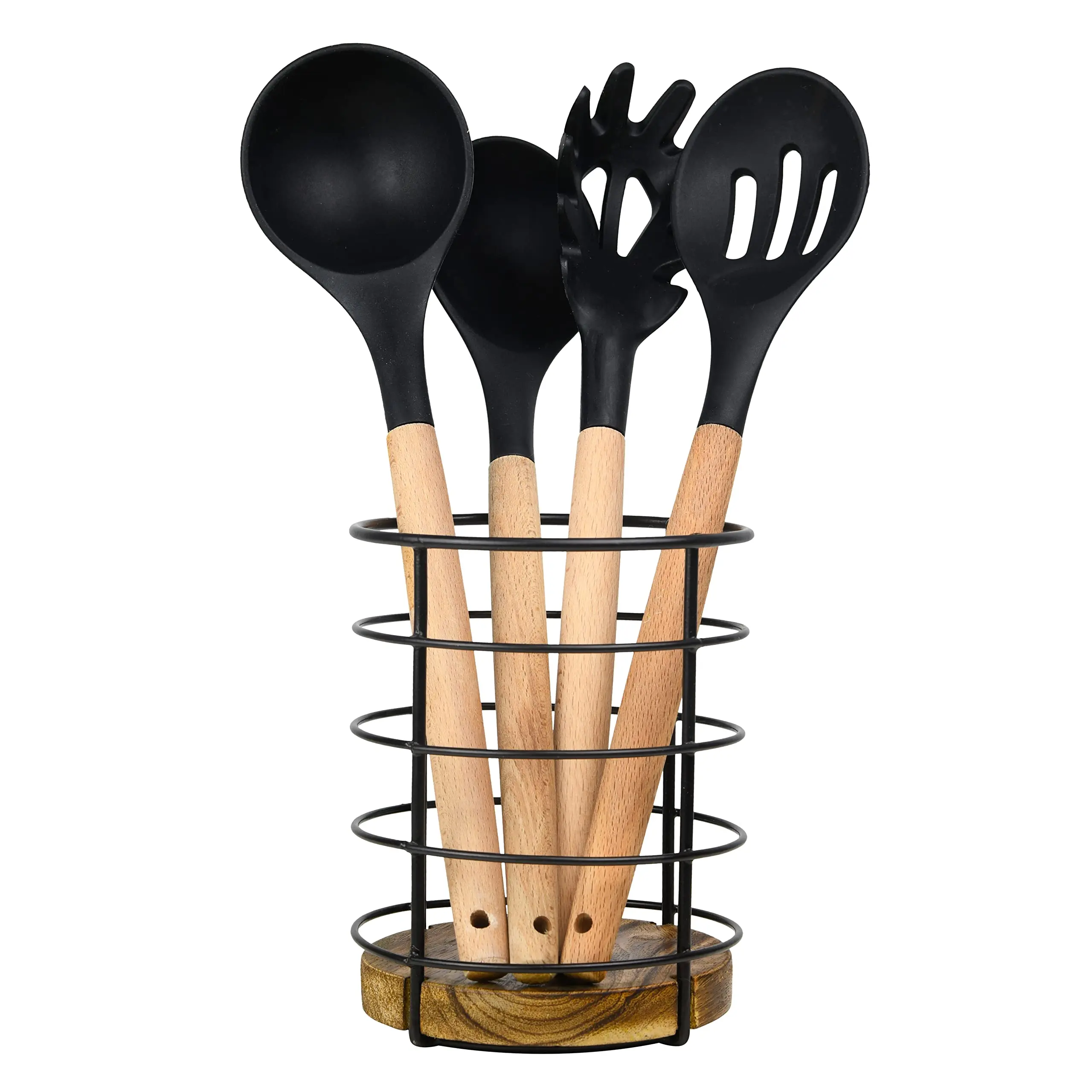 Modern Farmhouse Utensil Holder - Decorative Wooden and Wire Cooking Utensil Holder for Countertop Kitchen Decor
