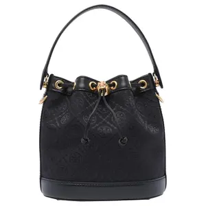 Tory Burch Leather Bucket Bag with T Logo Print, Drawstring Closure, and Hardware Accents for Women in Black