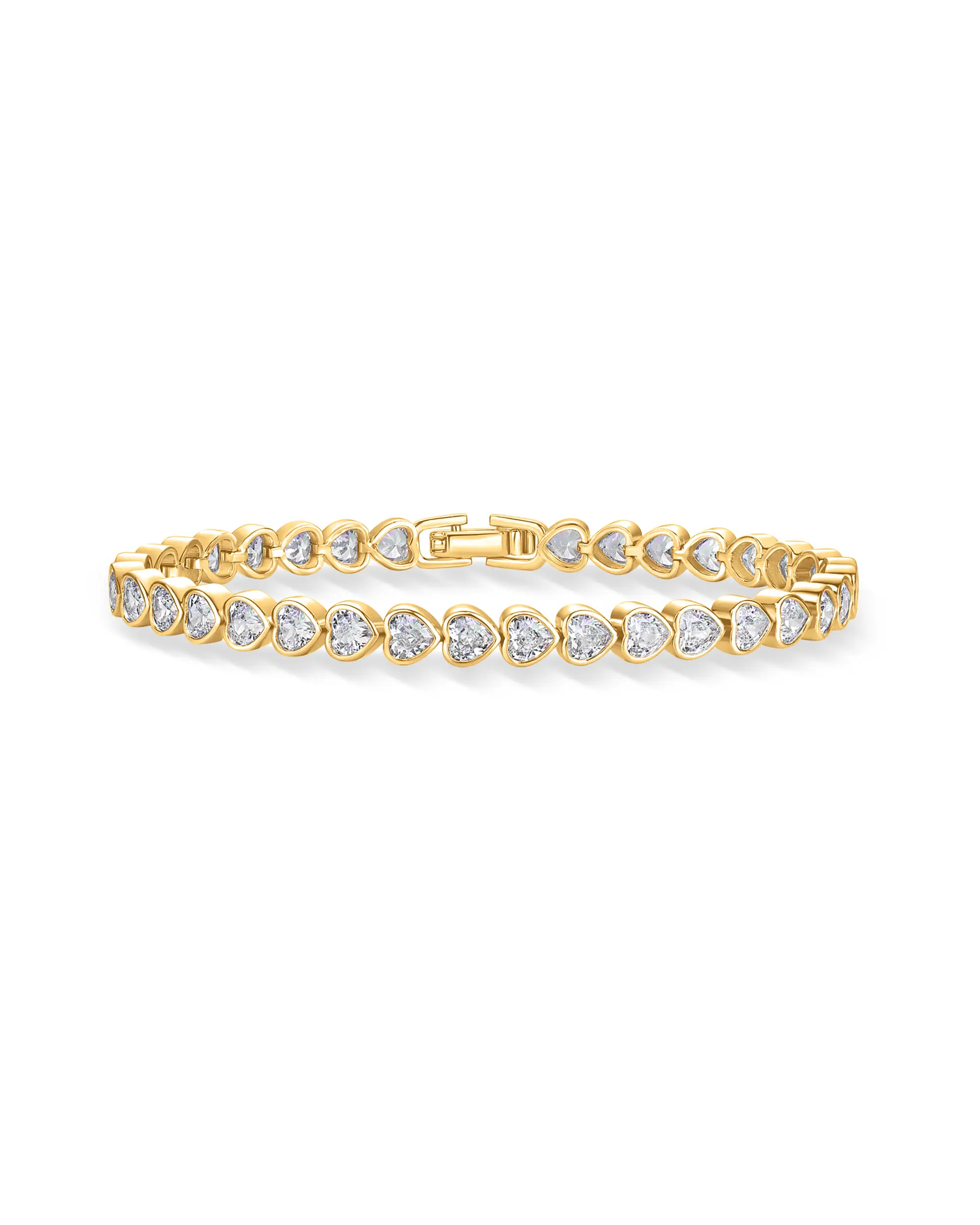 PAVOI 14K Gold Plated Heart Tennis Bracelets for Women - Cubic Zirconia Valentines Love Heart Statement Bride Gold Bracelet - Simulated Diamonds Bezel
