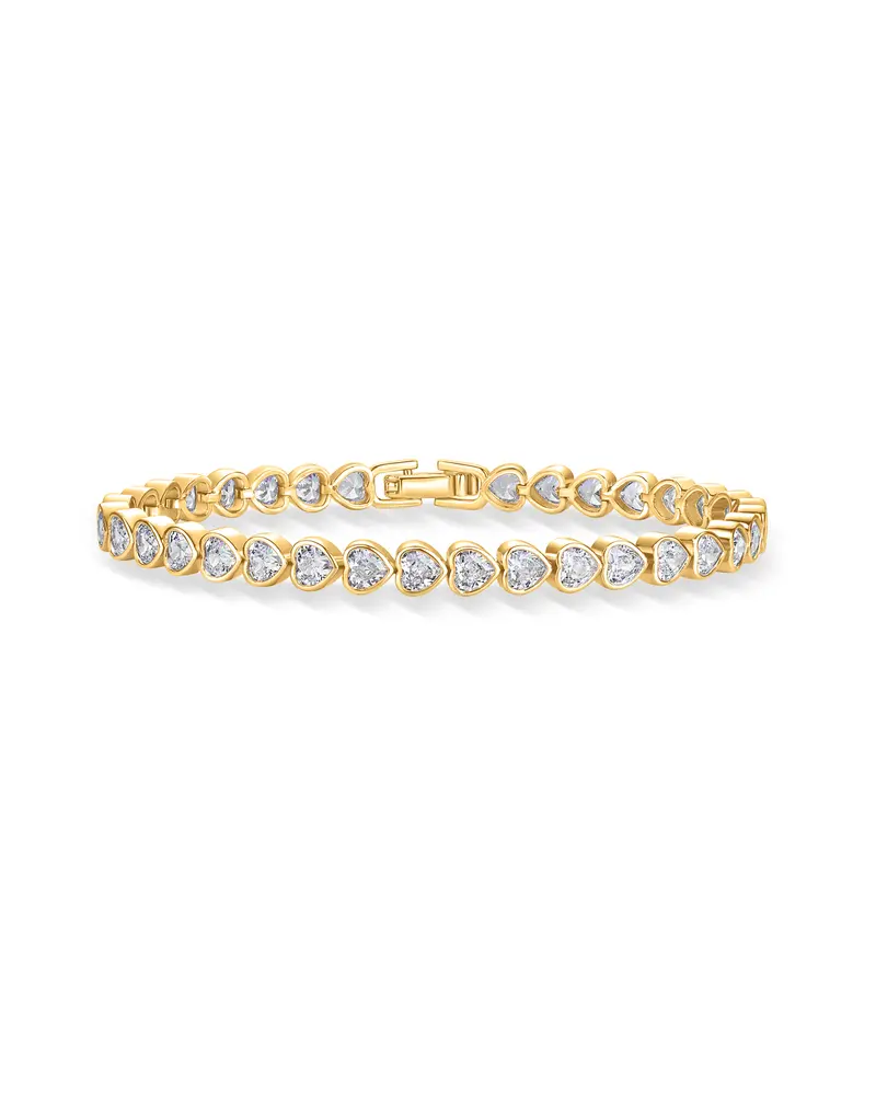 PAVOI 14K Gold Plated Heart Tennis Bracelets for Women - Cubic Zirconia Valentines Love Heart Statement Bride Gold Bracelet - Simulated Diamonds Bezel Set Tennis Bracelet
