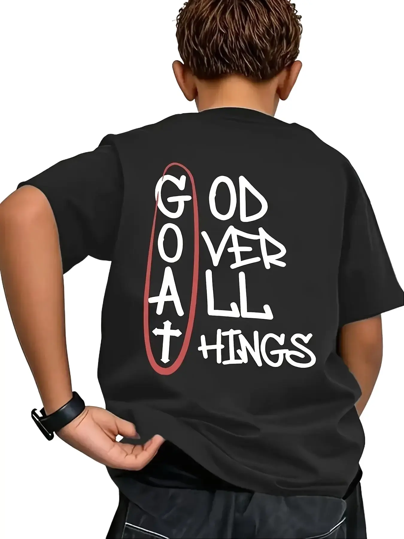 Boys Christian Back Print Graphic T-Shirt - 'GOD OVER ALL THINGS' Tee