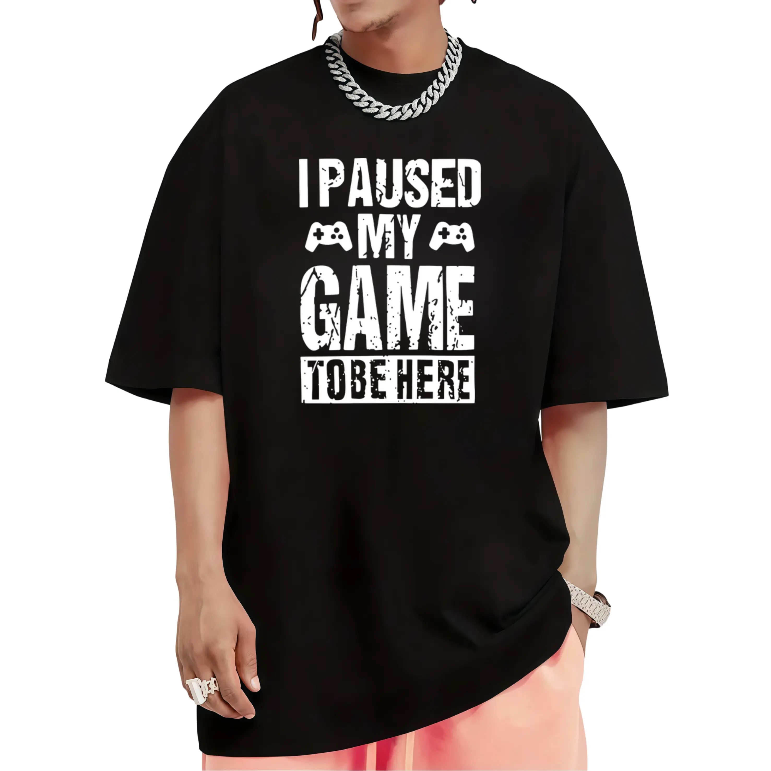 Men's Funny Gaming T-Shirt "I Paused My Game to Be Here" with Controller Icons - Black & White Casual Round Neck Tee for Gamers, Soft Breathable Cotton Shirt for Video Game Lovers, All-Season Fit