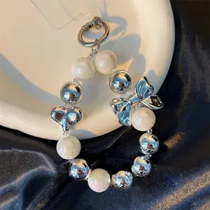 Korean 3D Bowknot Phone Chain Plating Laser Beaded Mobile Phone Pendant For Women Anti-Lost Fashion Phone Chain Hanging Jewelry