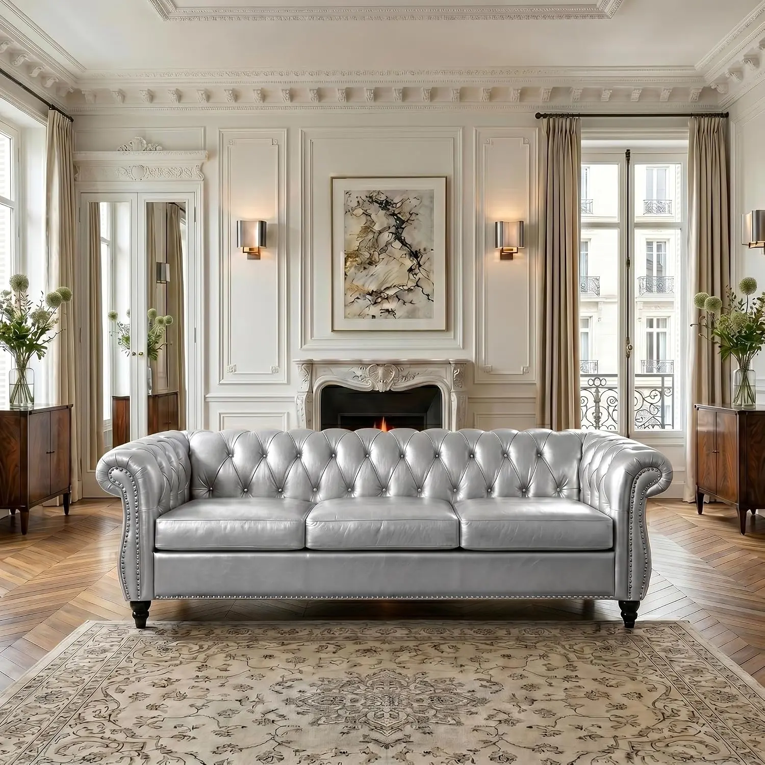 3-Seat Chesterfield Faux Leather Sofa with Tufted Backrest, Nailhead Trim, Rolled Arms & High-Density Foam, Mid-Century Modern Solid Wood Upholstered Couch for Living Room Furniture, Includes Hardware