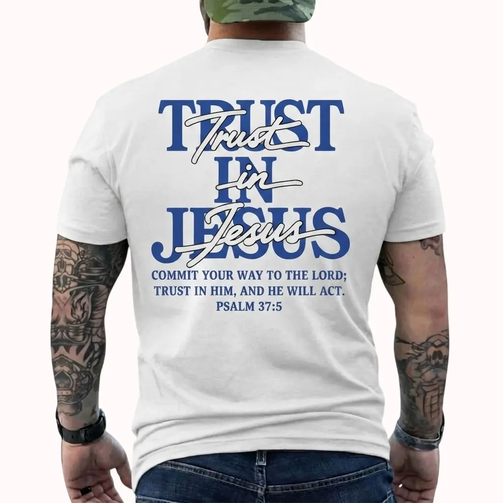 Trust In Jesus Shirt, Psalm 37:5 Bible Verse T-Shirt, Christian Faith Tee for Men, Commit Your Way to the Lord Shirt, Fast Shipping, Short Sleeve Printed Graphic Shirt, Daily Casual Cotton Menswear
