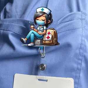 Nurse Themed Retractable Badge Holder, 1 Count Cute Nurse Design Badge Reel, Identification Badges & Supplies for Nurse, Doctor, RN & LPN, Acrylics