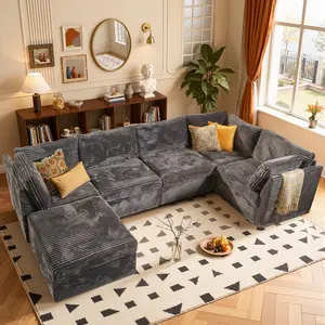 6PCS Modular Sectional Sofa, 130.7 Inch U Shaped Couch Set for Living Room, 5-Seater Comfy Cloud Couches with Movable Ottoman, DIY Combination, Plush Corduroy