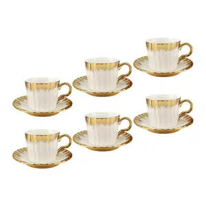 6-Piece 3.2oz (100ml) Ottoman-Look Ceramic Coffee Cup Gift Set, British Porcelain Espresso Cups with Saucers & Gold Trim, Heat-Retention Kitchen Drinkware for Double Espresso, Cappuccino