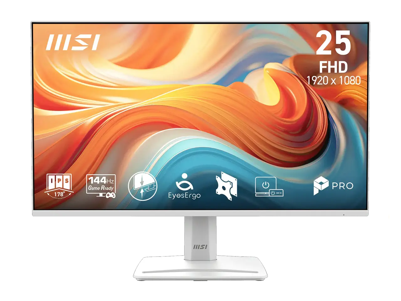 MSI PRO MP251W E14A 25" IPS FHD Monitor - 144Hz, Adaptive-Sync, HDR Ready, VESA Mountable, Tilt, 4-side slim bezel ,1ms - White