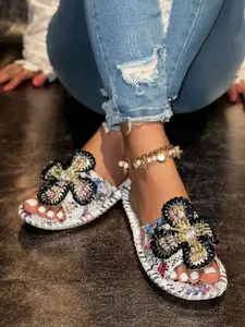 Boho Beaded Flower Sandals, Vintage Floral Slip-On Flat Shoes, Handmade Pearl Decor, Soft Anti-Slip Lightweight, Summer Beach Shoes