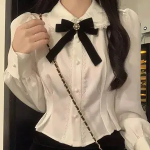 QWEEK White Shirts Woman Kawaii Lace Lolita Blouses Sweet Tunics Fairycore Peter Pan Coller Crop Long Sleeve Tops Preppy Korean