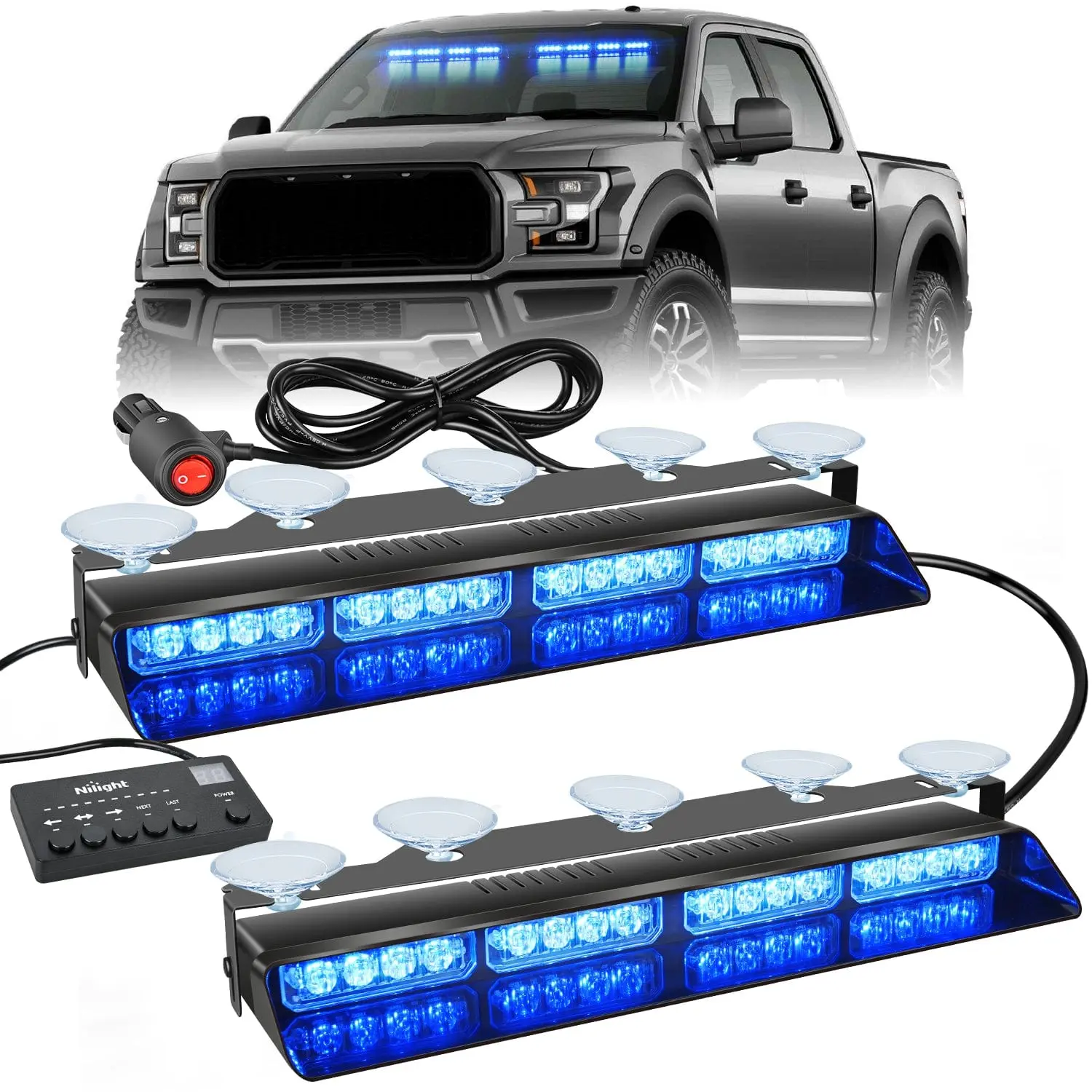 Nilight 32LED Blue Dash Strobe Module - ABS Controller, 10 Suction Cups, 12.8ft Wire, 26 Different Flicker Modes, Led Lights for Car, Car Light Set, Interior Led Vehicle, Truck Interior Accessory, Father's Day Gift