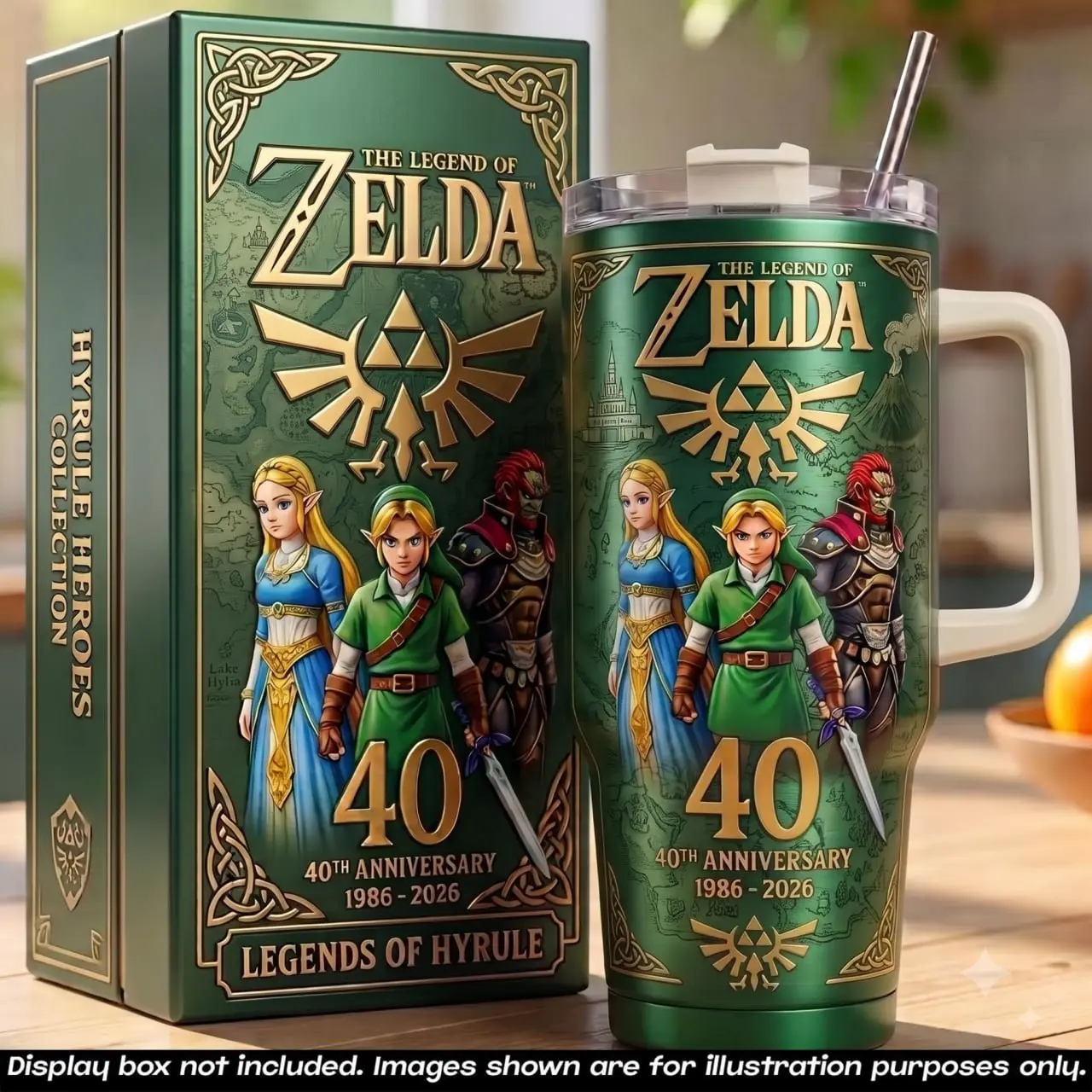 Zelda 40th Anniversary 1986-2026 40 oz Tumbler with Straw Handle, Link Zelda Ganondorf Triforce Vacuum Insulated Stainless Steel Travel Coffee Mug, Hyrule Heroes Gamer Drinkware Car Cup, Unique Merch Accessory Switch Fans Men Women