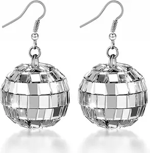 Disco Ball Earrings for Women - Sparkle Silver Mirrorball Acrylic Dangle Earrings, Perfect with 70s Disco Outfits for Women, 80s Costume Party & Dance Accessories