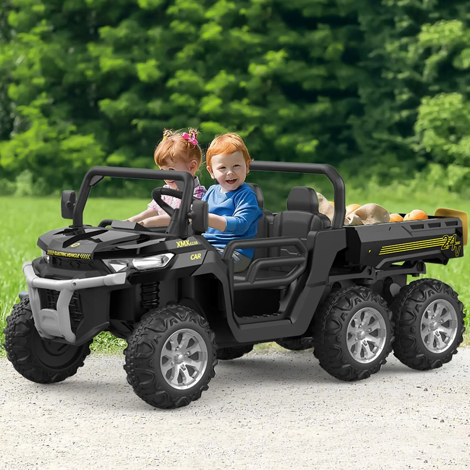 Garvee 24V 4WD 6-Wheel Rechargeable UTV Look Ride on Wheels Electric Dump Truck for 3-4 Year Olds - 2-Seater, Parent Remote Control, 2 Reinforced Seat Belts, Extended Runtime, Music Horn, ASTM/CPSIA Certified, Backyard Play, Holidays/Birthdays Gift, Const