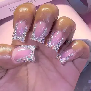 3D Short Square Press-On Fake Nails, Elegant Transparent Rhinestone European Style French Manicure Set, Reverse French Design, 24 Pieces