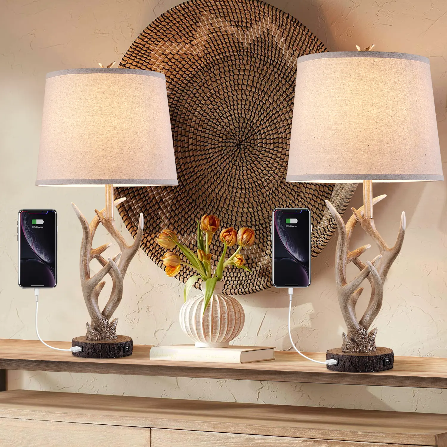 YAMAZIOT Rustic Western Lamp Set of 2 - 26" Farmhouse Table Lamp with 2 USB Ports, Natural Antler Design for Bedroom, Living Room, Office (Rustic Brown)