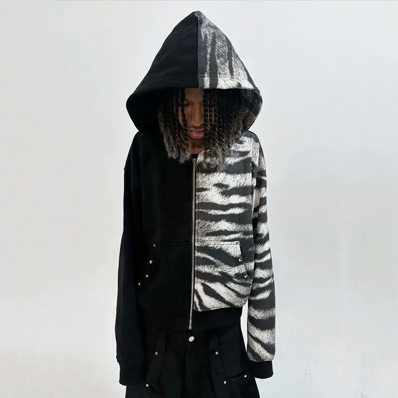 Men's And Women's Casual Printed Hoodie Autumn Winter Zebra Pattern Long Sleeve Zipper Hooded Sweatshirt