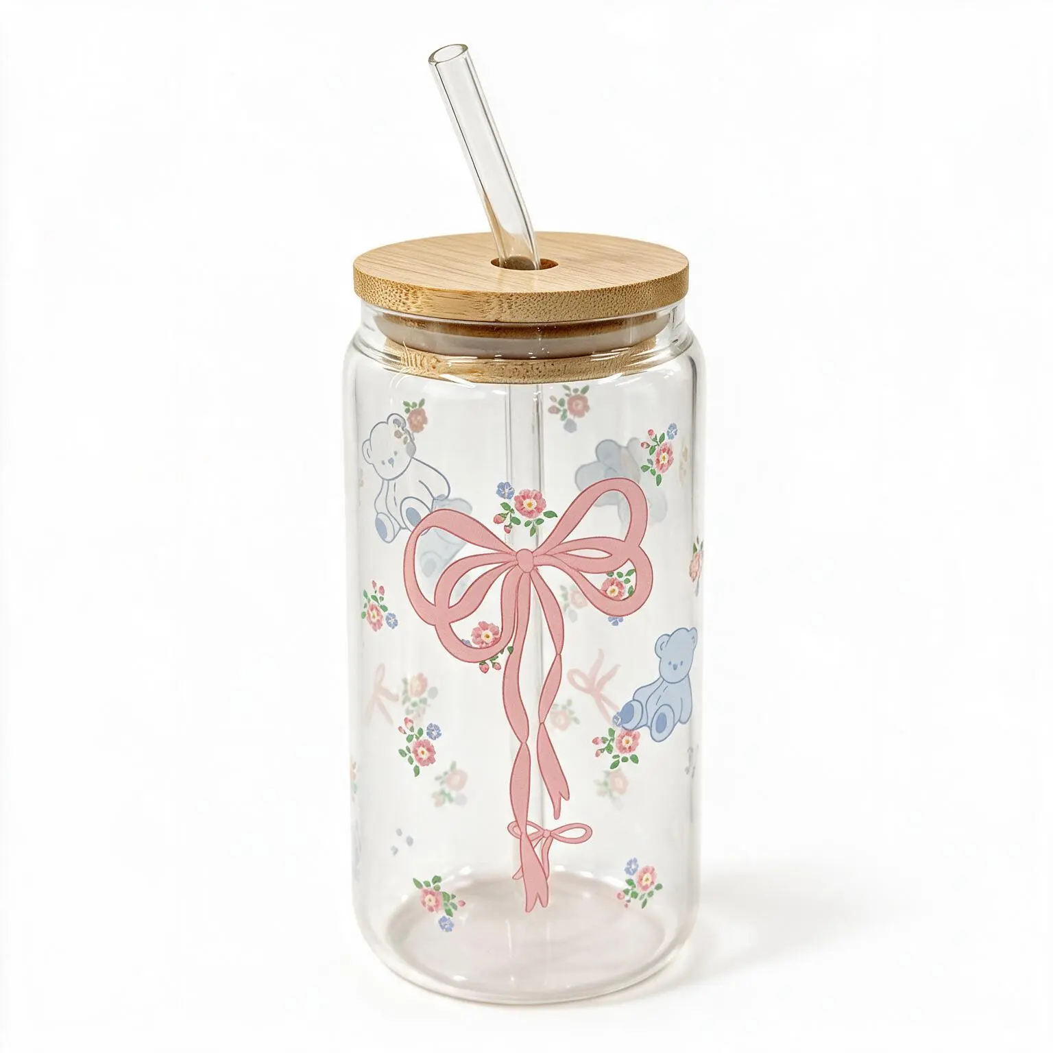 Glass Cup with Wooden Lid and Glass Straw, 16oz High Borosilicate Glass Cup for Iced Coffee, Tea, Juice, Cute Pink Bow Drinking Glass Tumbler