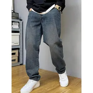 Men'sCasualBlueDenimJeansforDailyWearwithEmbroideryVintageStyleLooseFitStraightLegSlimStretchGraffitiAll-SeasonSkinnyBoneDesignFabricMenswearPolyesterSetZipperBeigeMediumWashPlain