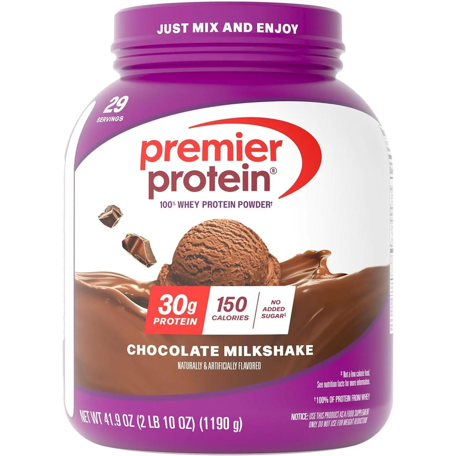 Premier Protein Powder, Chocolate Milkshake, 30g Protein, 1g Sugar, No Soy, Gluten Free, 41.9oz (29 Servings)