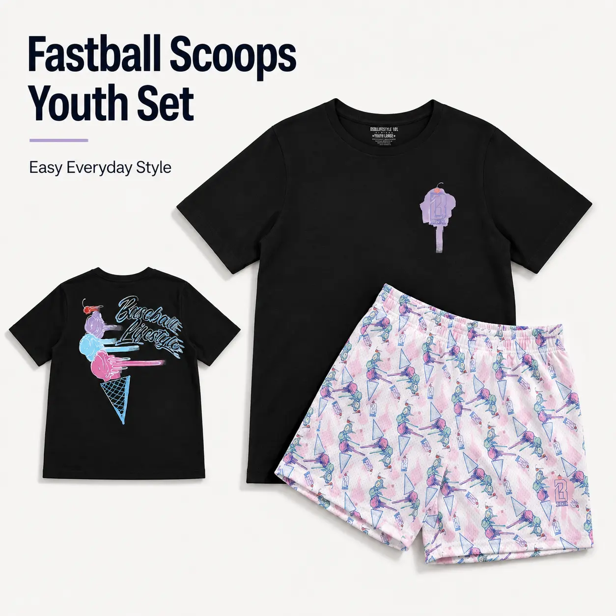Baseball Lifestyle 101 Fastball Scoops Tee and Shorts Set – Matching Ice Cream Baseball Graphic Outfit, Youth & Adult Sizes