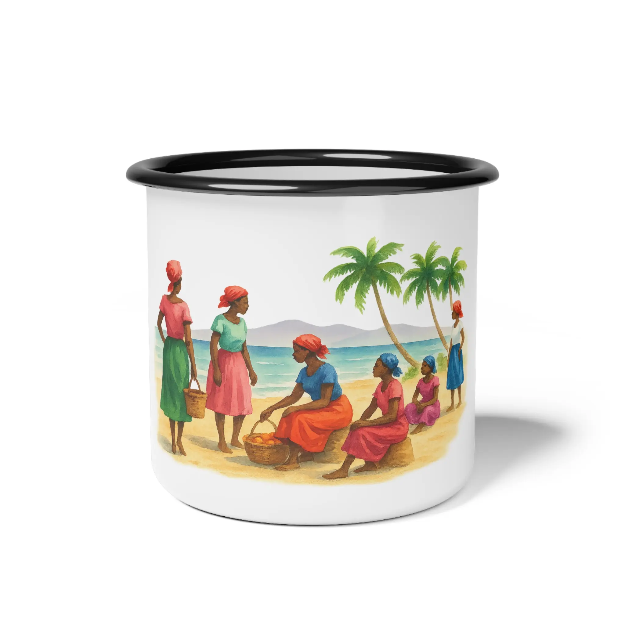 Enamel Camp Cup with Haitian Women's Print, 12oz Glossy Steel Mug for Adult Campers, Reusable Outdoor Drinkware, One Size