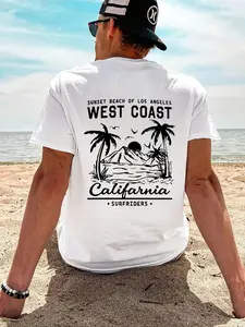 Men's White "West Coast Los Angeles" Beach Tropical Graphic T-Shirt Retro Coastal Streetwear Casual Tee | #tiktokshopblackfriday #giftideas Sunset Palm Print Oversized Top for Daily Wear & California-Themed Fashion Gifts