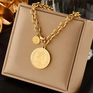 Portrait round pendant necklace golden clavicle chain female jewelry daily matching