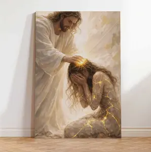 Christian Wall Art Canvas – Healed By Him, Jesus and Woman Print, Religious Home Decor, Perfect Gift Idea